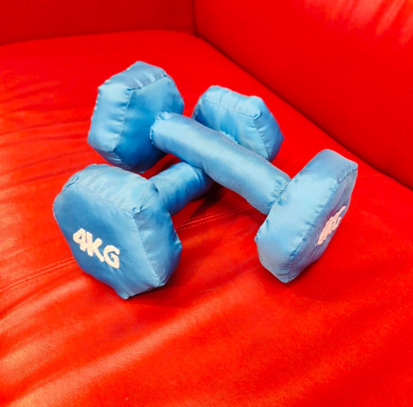 This is a photograph of Moa-Matilda Nilsson's textile sculptures, entitled 'Hantlar'. The object consists of two textile dumbbells in the colour blue, crossing each other.